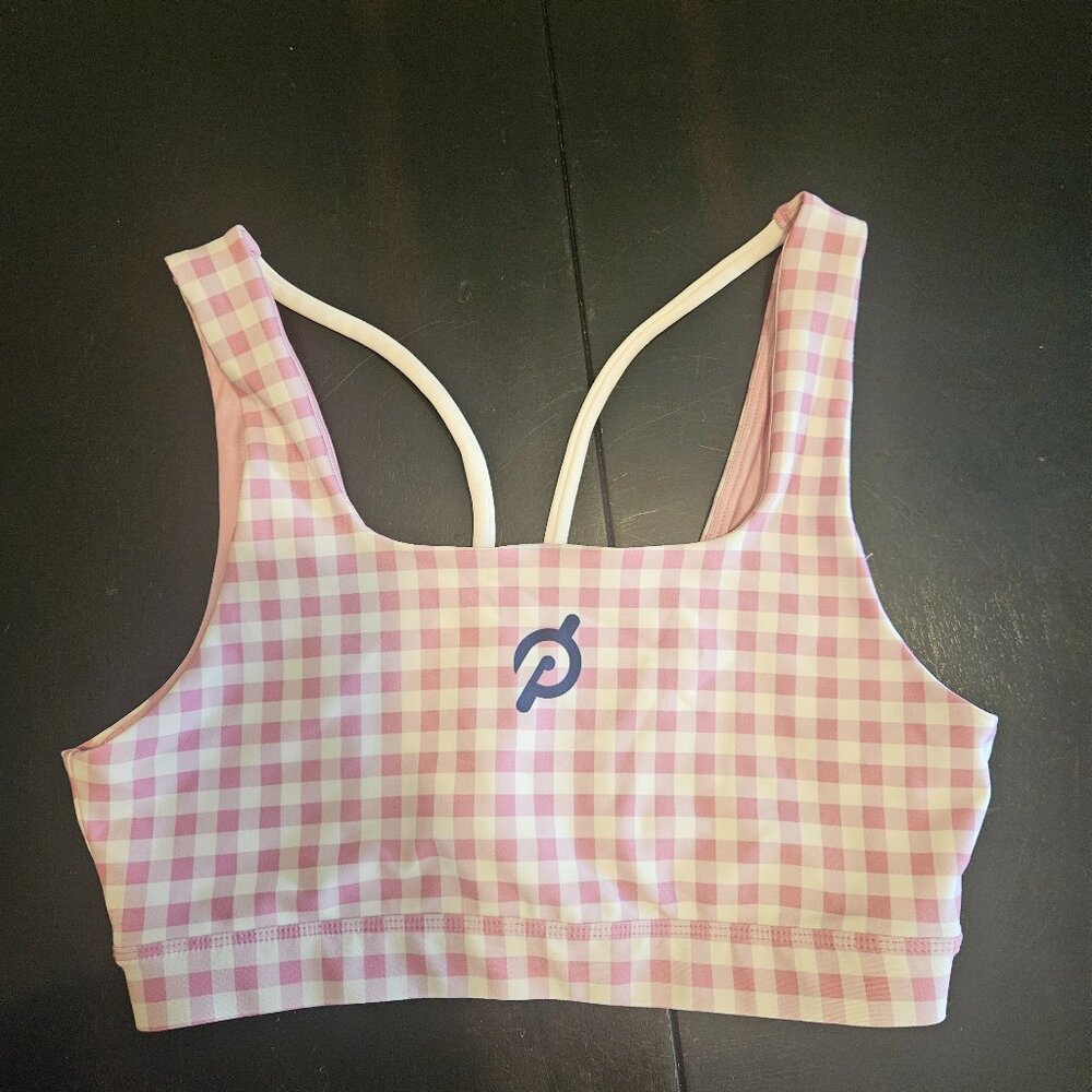 Peloton pink and white Gingham Bra in Medium